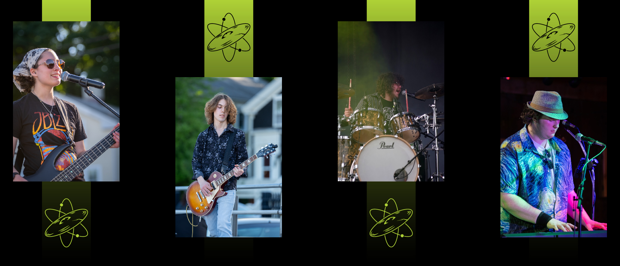 4 people's pictures over a black background with green stripes, playing bass, guitar, drums, and keyboard.